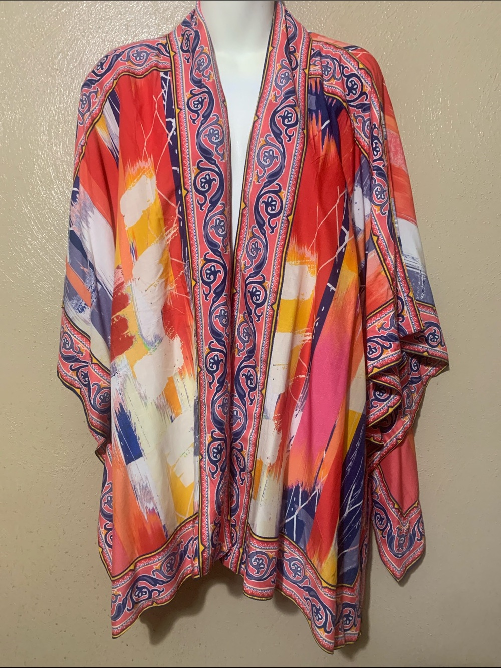 Tolani size 1XP Coral Red  & Navy Print Open-Front Kimono NWT Ruched Back